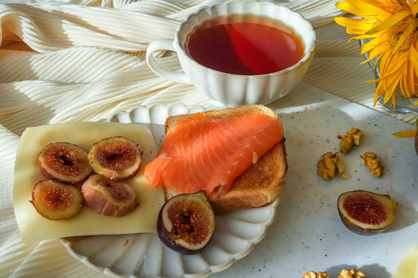 A plated breakfast served with a cup of tea
